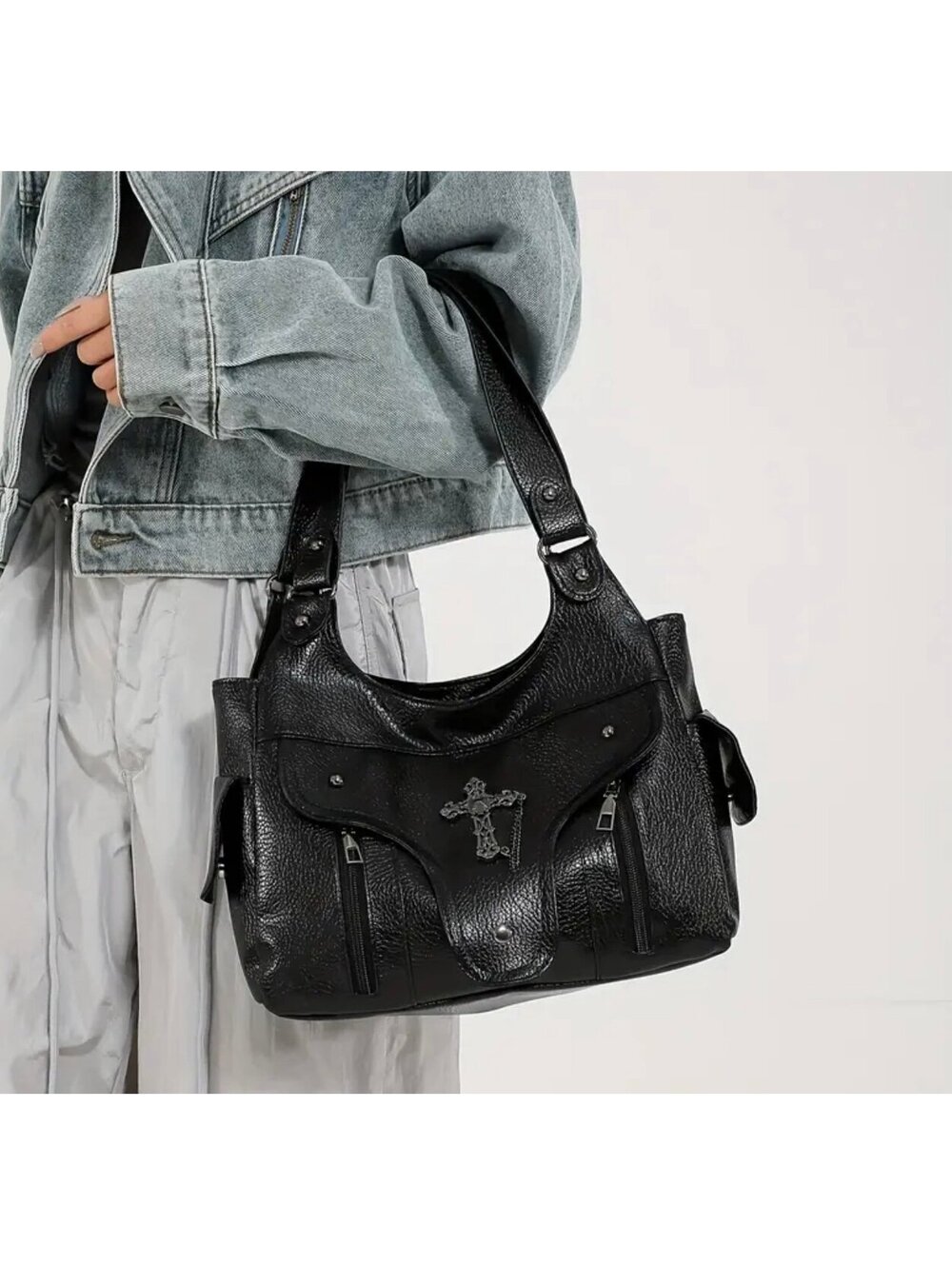 New -Chic -Vintage Inspired Y2K Faux Leather Shoulder Bag w/Cross Accents -Black - Picture 6 of 7